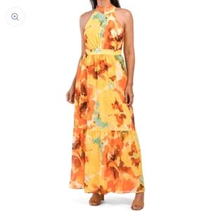 Tahari ASL Abstract Floral Artsy Halter Neck Chiffon Maxi Dress 4